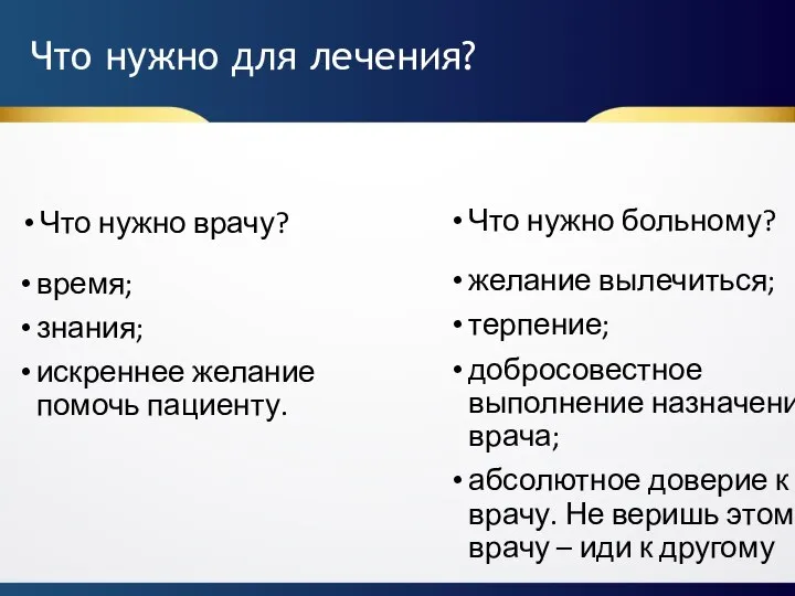 Что нужно для лечения? Что нужно врачу? Что нужно больному? время; знания;