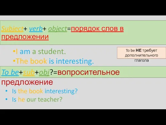 Subject+ verb+ object=порядок слов в предложении I am a student. The book