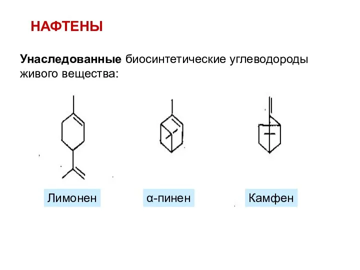 НАФТЕНЫ Унаследованные биосинтетические углеводороды живого вещества: