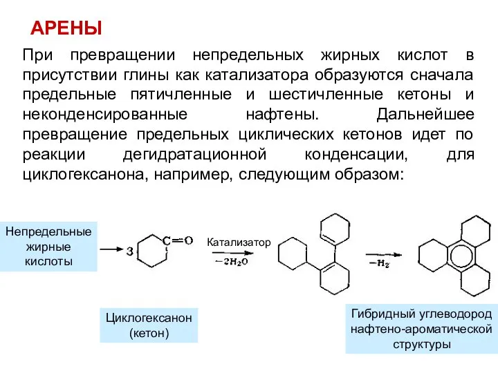 АРЕНЫ При превращении непредельных жирных кислот в присутствии глины как катализатора образуются