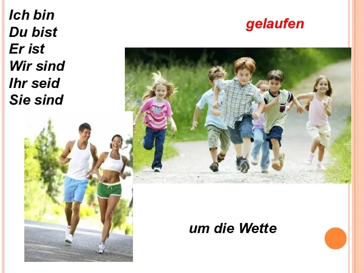 gelaufen Ich bin Du bist Er ist Wir sind Ihr seid Sie sind um die Wette