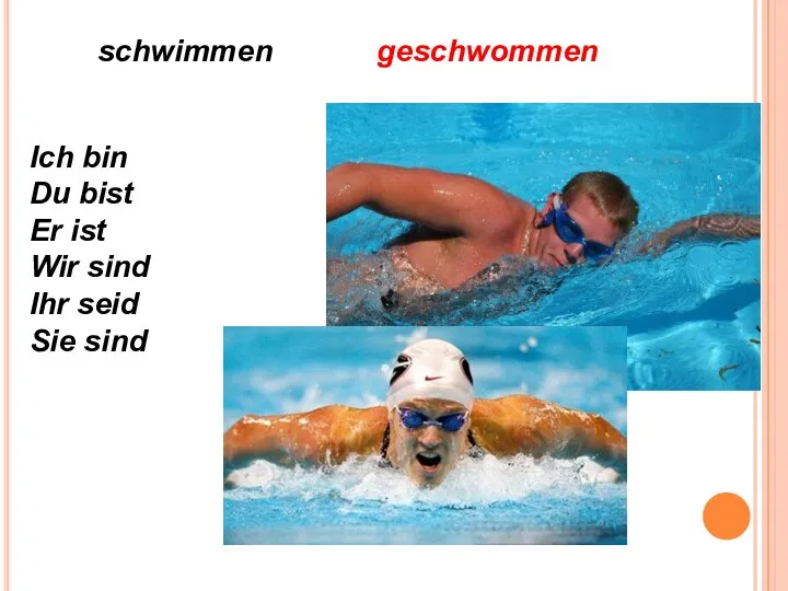 schwimmen geschwommen Ich bin Du bist Er ist Wir sind Ihr seid Sie sind