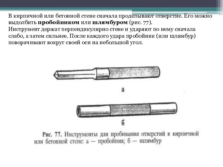 В кирпичной или бетонной стене сначала проделывают отверстие. Его можно выдолбить пробойником