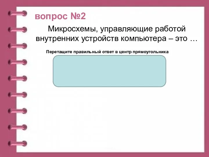 вопрос №2 Перетащите правильный ответ в центр прямоугольника Микросхемы, управляющие работой внутренних