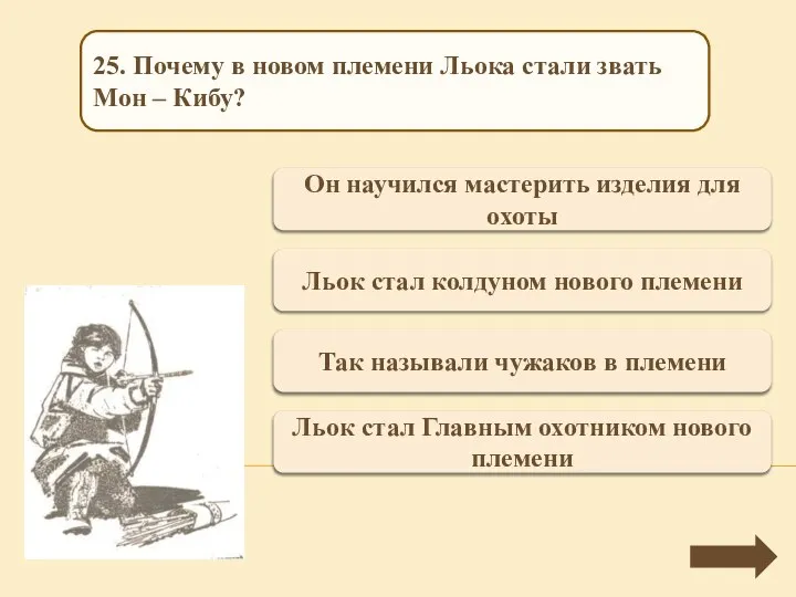 Верно + 1 Он научился мастерить изделия для охоты 25. Почему в