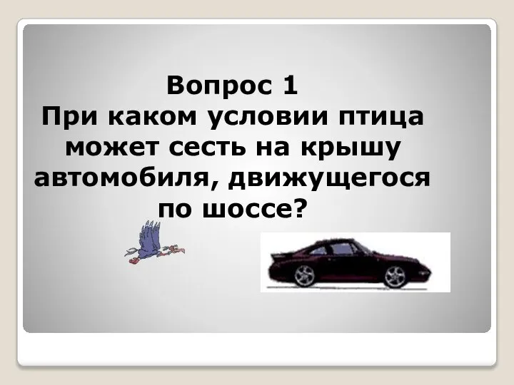 Вопрос 1 При каком условии птица может сесть на крышу автомобиля, движущегося по шоссе?