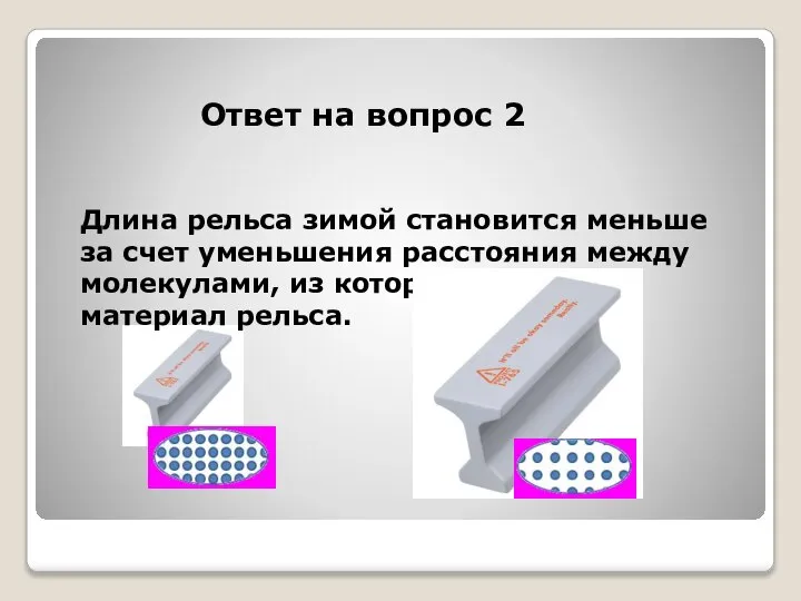 Длина рельса зимой становится меньше за счет уменьшения расстояния между молекулами, из