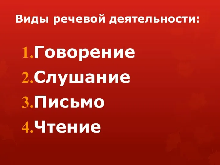 Виды речевой деятельности: Говорение Слушание Письмо Чтение