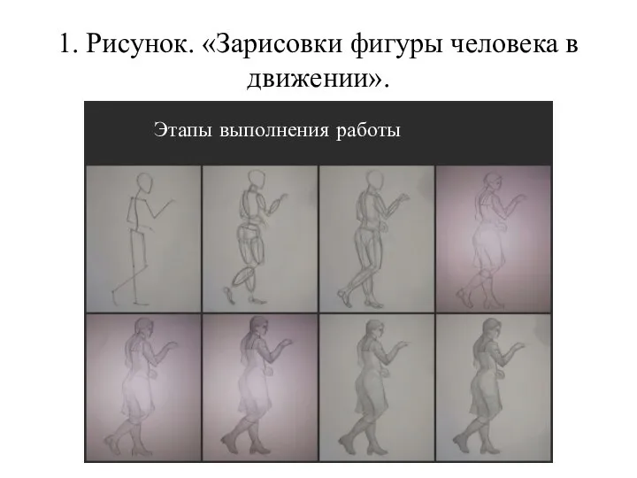 1. Рисунок. «Зарисовки фигуры человека в движении». Этапы выполнения работы
