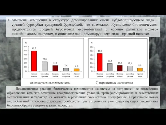 отмечены изменения в структуре доминирования: смена субдоминирующего вида – средней бурозубки тундряной