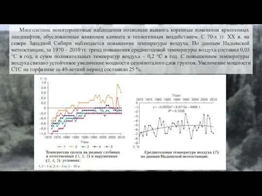 Многолетние мониторинговые наблюдения позволили выявить коренные изменения криогенных ландшафтов, обусловленные влиянием климата