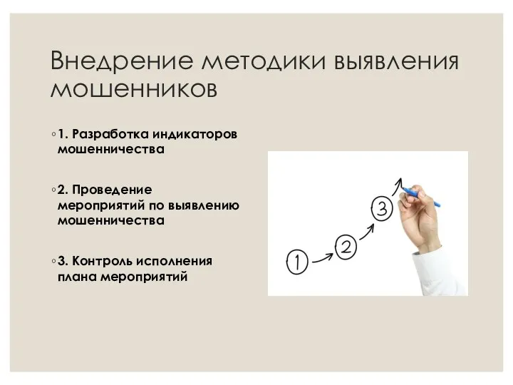 Внедрение методики выявления мошенников 1. Разработка индикаторов мошенничества 2. Проведение мероприятий по