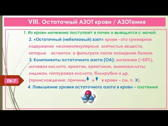 VIII. Остаточный АЗОТ крови / АЗОТемия 1. Из крови мочевина поступает в