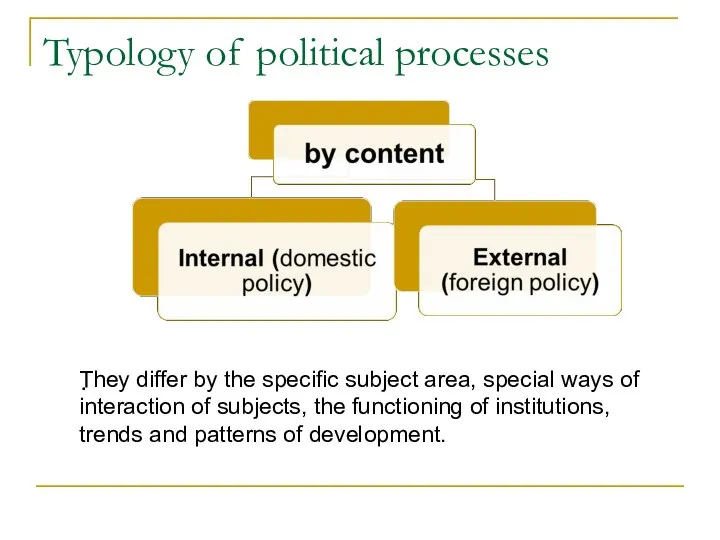 . Typology of political processes They differ by the specific subject area,