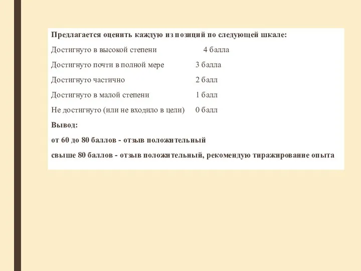 Предлагается оценить каждую из позиций по следующей шкале: Достигнуто в высокой степени