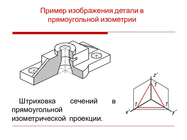 Пример изображения детали в прямоугольной изометрии Штриховка сечений в прямоугольной изометрической проекции.