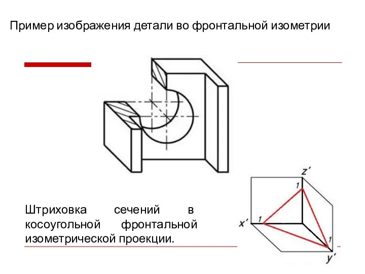 Штриховка сечений в косоугольной фронтальной изометрической проекции. Пример изображения детали во фронтальной изометрии
