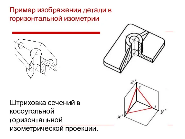 Штриховка сечений в косоугольной горизонтальной изометрической проекции. Пример изображения детали в горизонтальной изометрии