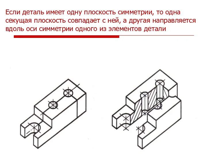 Если деталь имеет одну плоскость симметрии, то одна секущая плоскость совпадает с