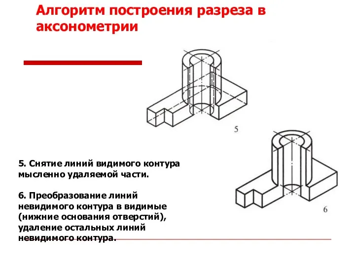 5. Снятие линий видимого контура мысленно удаляемой части. 6. Преобразование линий невидимого