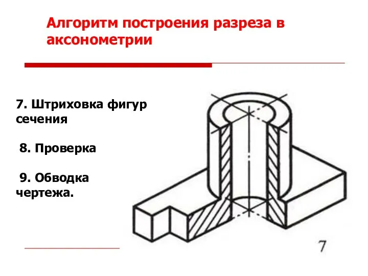 7. Штриховка фигур сечения 8. Проверка 9. Обводка чертежа. Алгоритм построения разреза в аксонометрии