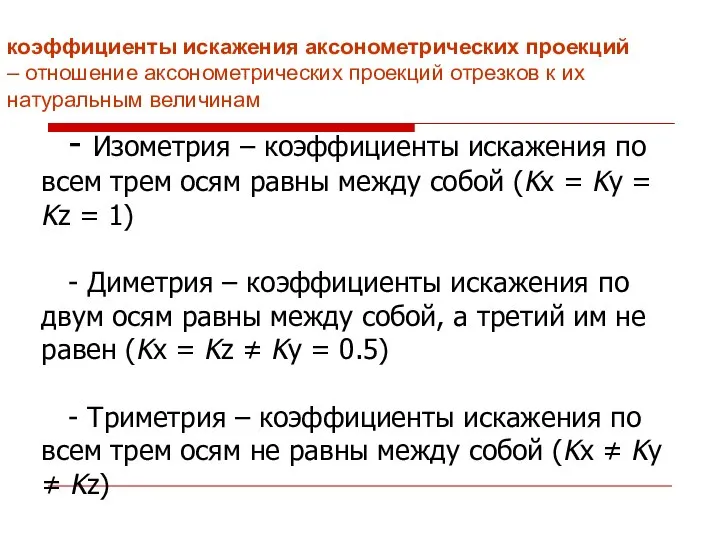 коэффициенты искажения аксонометрических проекций – отношение аксонометрических проекций отрезков к их натуральным