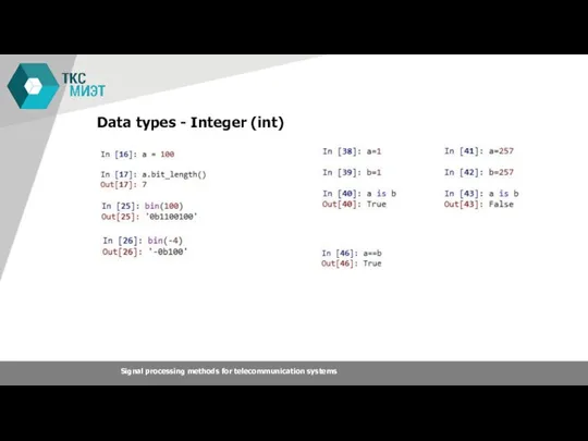 Data types - Integer (int) Signal processing methods for telecommunication systems
