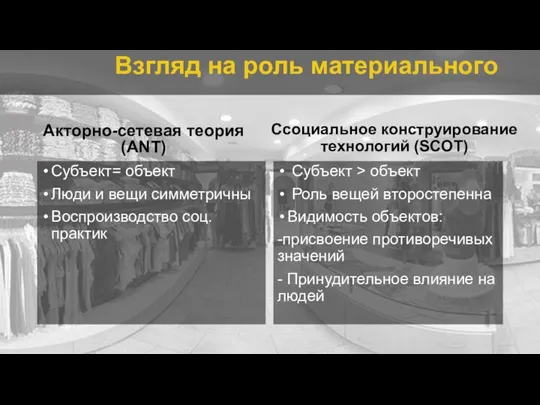 Взгляд на роль материального Акторно-сетевая теория (АNT) Субъект= объект Люди и вещи