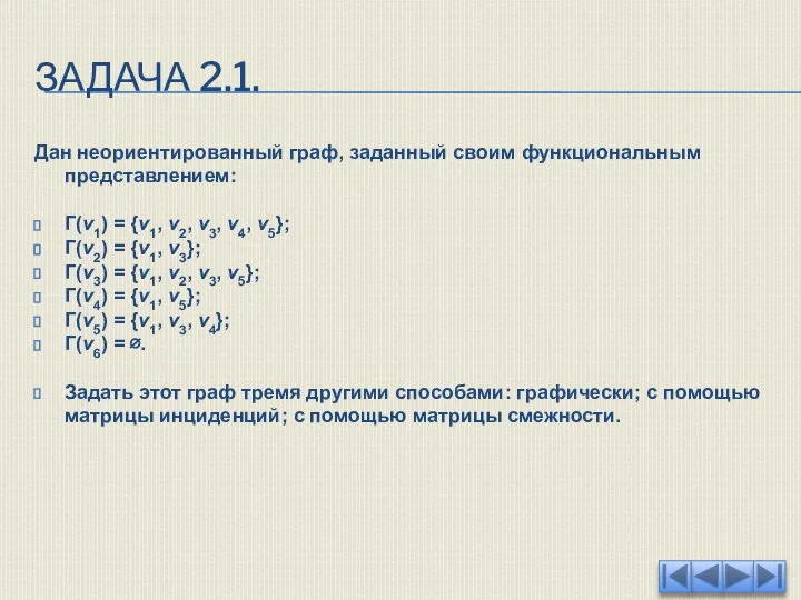 ЗАДАЧА 2.1. Дан неориентированный граф, заданный своим функциональным представлением: Г(v1) = {v1,