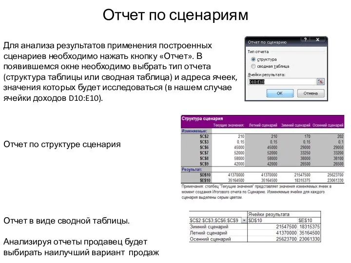 Отчет по сценариям Для анализа результатов применения построенных сценариев необходимо нажать кнопку