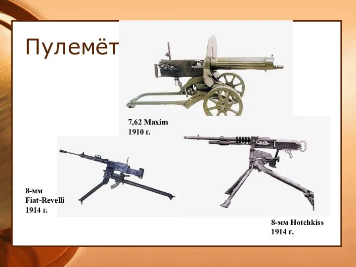 Пулемёты 7,62 Maxim 1910 г. 8-мм Fiat-Revelli 1914 г. 8-мм Hotchkiss 1914 г.