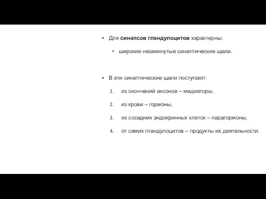 Для синапсов гландулоцитов характерны: широкие незамкнутые синаптические щели. В эти синаптические щели