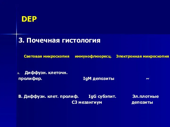 DEP 3. Почечная гистология Световая микроскопия иммунофлюоресц. Электронная микроскопия Диффузн. клеточн. пролифер.