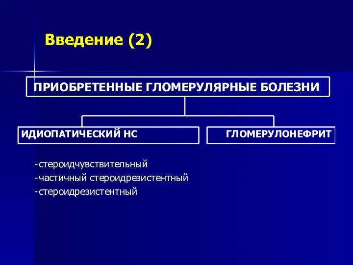 Введение (2) ПРИОБРЕТЕННЫЕ ГЛОМЕРУЛЯРНЫЕ БОЛЕЗНИ ИДИОПАТИЧЕСКИЙ НС ГЛОМЕРУЛОНЕФРИТ - стероидчувствительный - частичный стероидрезистентный - стероидрезистентный