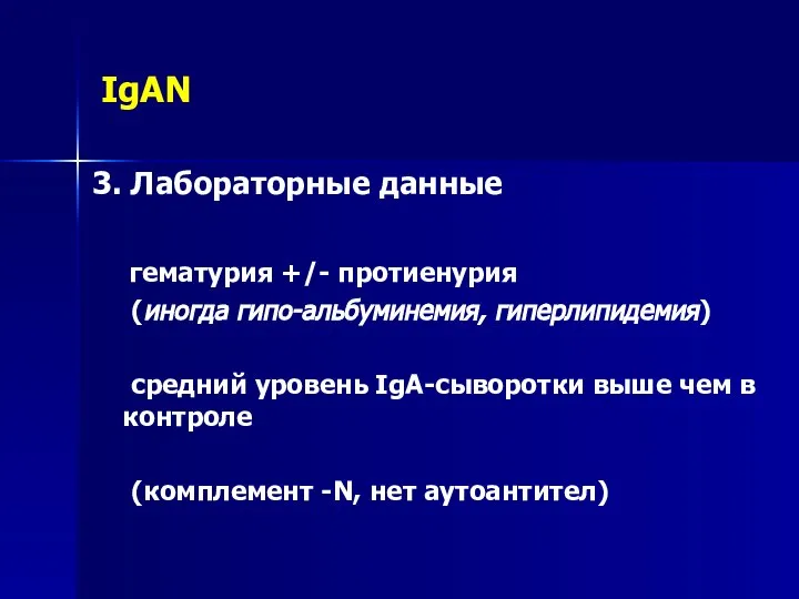 IgAN 3. Лабораторные данные гематурия +/- протиенурия (иногда гипо-альбуминемия, гиперлипидемия) средний уровень