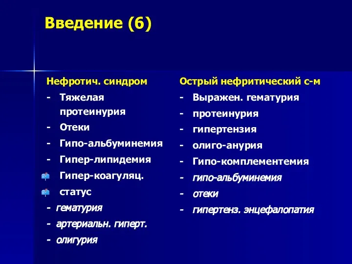 Введение (6) Нефротич. синдром - Тяжелая протеинурия - Отеки - Гипо-альбуминемия -