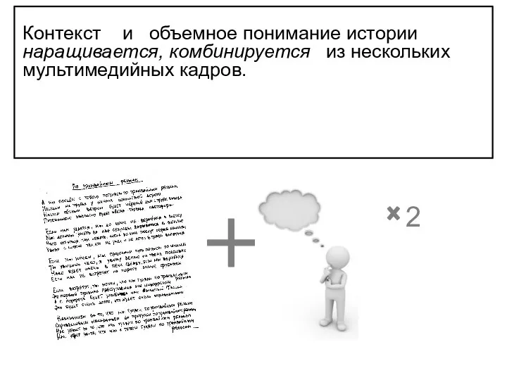 Контекст и объемное понимание истории наращивается, комбинируется из нескольких мультимедийных кадров. 2