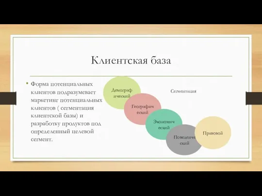 Клиентская база Форма потенциальных клиентов подразумевает маркетинг потенциальных клиентов ( сегментация клиентской