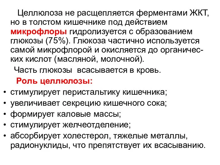 Целлюлоза не расщепляется ферментами ЖКТ, но в толстом кишечнике под действием микрофлоры