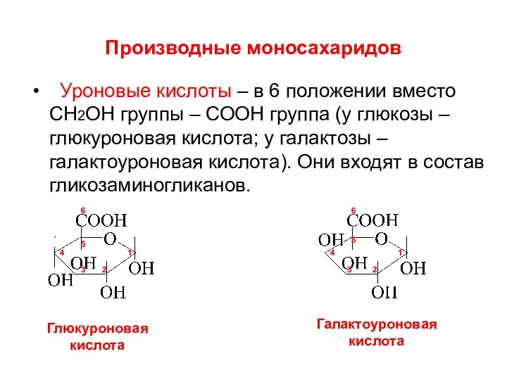 Производные моносахаридов Уроновые кислоты – в 6 положении вместо СН2ОН группы –