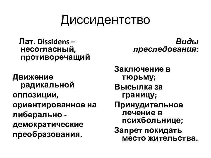 Диссидентство Лат. Dissidens – несогласный, противоречащий Движение радикальной оппозиции, ориентированное на либерально