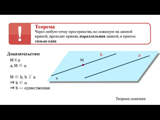 Теорема Через любую точку пространства, не лежащую на данной прямой, проходит прямая,