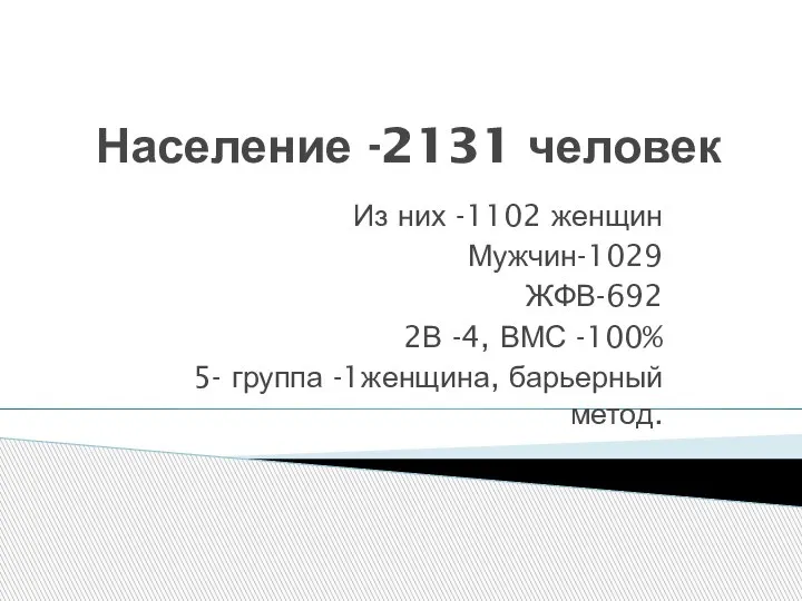 Население -2131 человек Из них -1102 женщин Мужчин-1029 ЖФВ-692 2В -4, ВМС