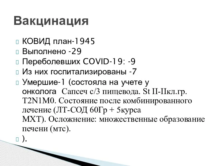 КОВИД план-1945 Выполнено -29 Переболевших COVID-19: -9 Из них госпитализированы -7 Умершие-1