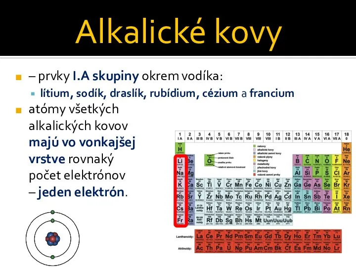 Alkalické kovy – prvky I.A skupiny okrem vodíka: lítium, sodík, draslík, rubídium,