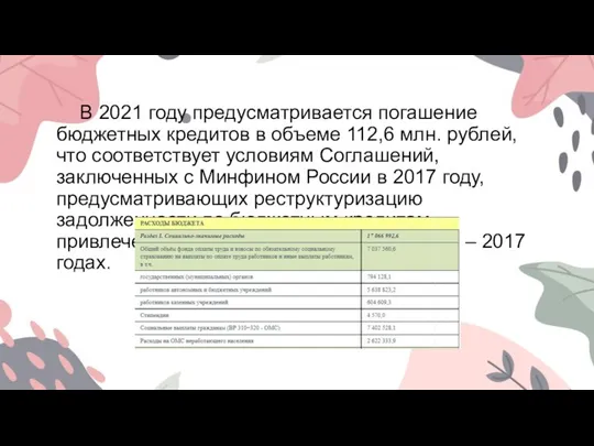 В 2021 году предусматривается погашение бюджетных кредитов в объеме 112,6 млн. рублей,
