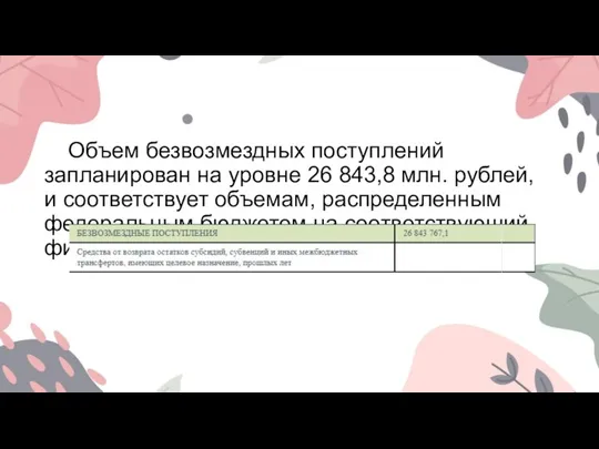 Объем безвозмездных поступлений запланирован на уровне 26 843,8 млн. рублей, и соответствует