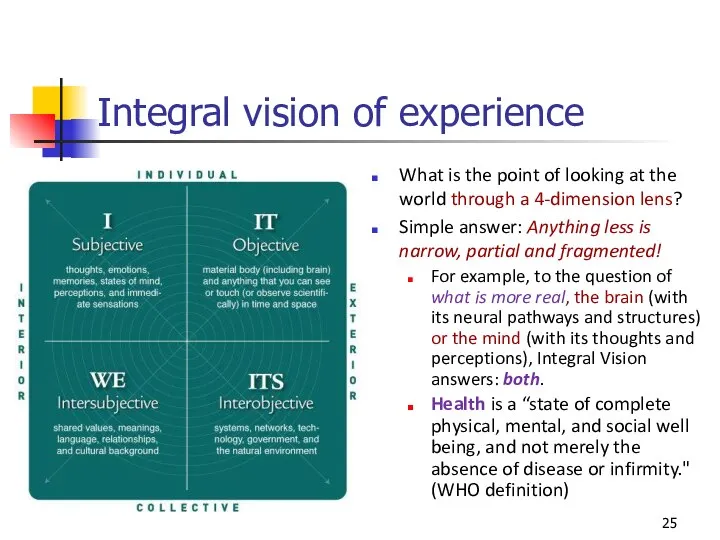 Integral vision of experience What is the point of looking at the