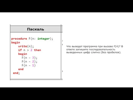 Что выведет программа при вызове F(4)? В ответе запишите последовательность выведенных цифр слитно (без пробелов).