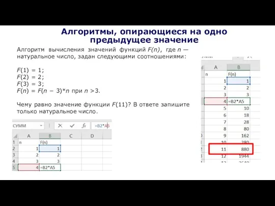 Алгоритмы, опирающиеся на одно предыдущее значение Алгоритм вычисления значений функций F(n), где